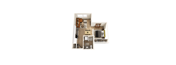 A top down view of a small apartment with a kitchen, living room and bathroom.