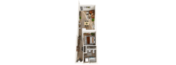 A top down view of a small apartment with a kitchen, living room, and bedroom.