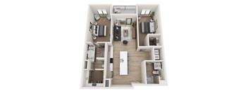 A top-down view of a modern apartment layout with a kitchen, living room, and bedrooms.