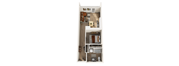 A top-down view of a small apartment with a kitchen, living room, and bathroom.