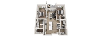 A 3D floor plan of a house with labeled rooms.
