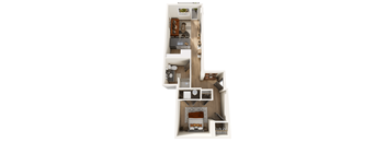 A detailed 3D floor plan of a small apartment.