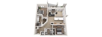 A 3D floor plan of a small apartment with a kitchen, living room, and bedroom.