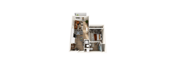 A top down view of a small apartment with a kitchen, living room, and bedroom.
