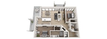 A top-down view of a house layout with a kitchen, living room, and bathroom.