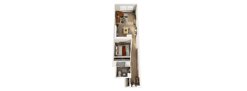 A top-down view of a small apartment with a kitchen, living room, and bathroom.
