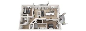 A 3D floor plan of a house with a kitchen, living room, and bathroom.