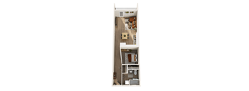 A top-down view of a small apartment with a kitchen, living room, and bathroom.