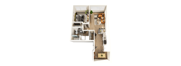 A top down view of a small apartment with a kitchen, living room and bedroom.