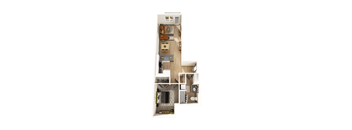A top down view of a small apartment with a kitchen, living room, and bathroom.