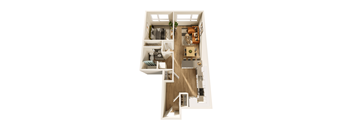A top-down view of a small apartment with a kitchen, living room, and bathroom.