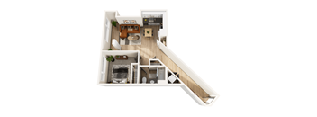 A top down view of a modern apartment with a kitchen, living room, and bathroom.