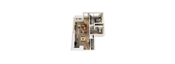 A top-down view of a small apartment with a kitchen, living room, and bathroom.