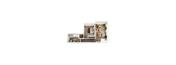 A white dollhouse with a living room, kitchen, and dining room.