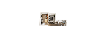 A white floor plan of a house with a kitchen, living room, and bathroom.