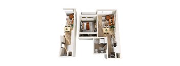 A 3D floor plan of a small apartment with a kitchen, living room, and bedroom.