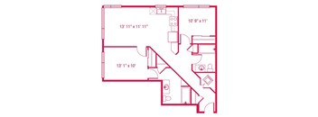 A red floor plan of a house with dimensions and room layout.