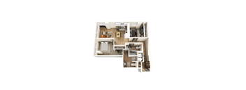 A top down view of a small apartment with a kitchen, living room, and bathroom.