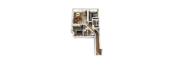 A white floor plan of a house with a kitchen, living room, and bathroom.