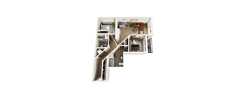 A top down view of a house interior with a kitchen, living room, and bedrooms.