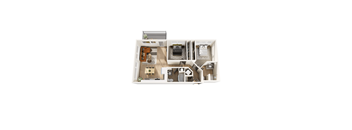 A top down view of a house layout with a kitchen, living room, and bedrooms.