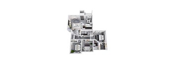 A 3D floor plan of a house with multiple rooms.