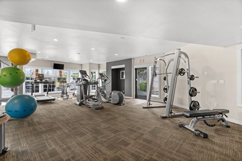 A gym with a variety of equipment including a treadmill, weights, and a bench.