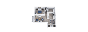 A top-down view of a modern apartment with a kitchen, living room, and bedroom.