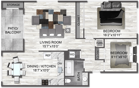 2 Bedroom 1 Bath Floor Plan at Creekside Apartments, Issaquah, WA, 98027