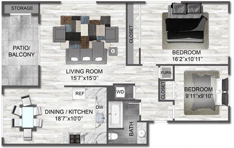 Two Bedroom One Bath Floor Plan at Creekside Apartments, Issaquah, WA