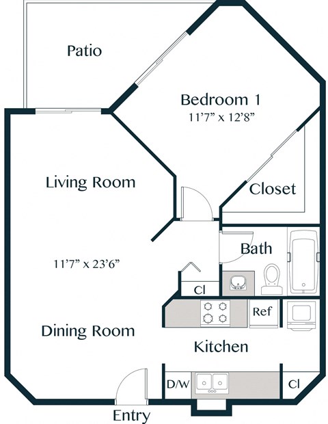 1 Bedroom 1 Bathroom Floor Plan