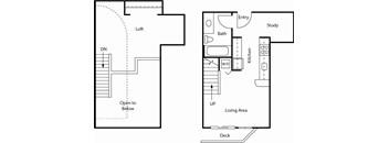 A floor plan of a house with a deck and a study.