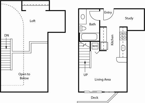 A floor plan of a house with a deck and a study.