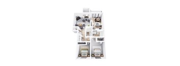 A top-down view of a modern apartment layout with a kitchen, living room, and two bedrooms.