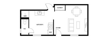 A floor plan of a house with a kitchen, bathroom, and closet.