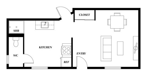 A floor plan of a house with a kitchen, bathroom, and closet.