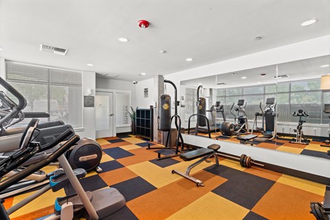 A gym with a variety of equipment including treadmills, weights, and exercise machines.