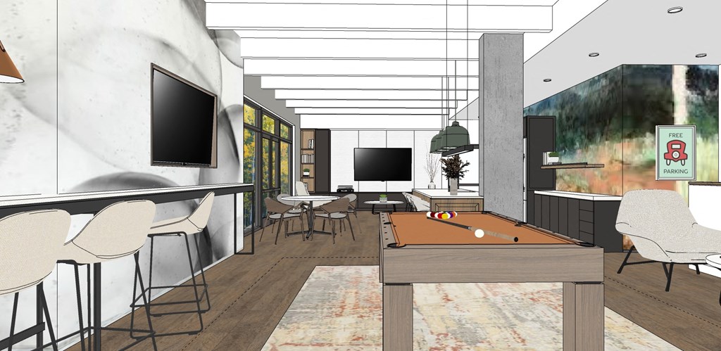 a rendering of a living room with a pool table