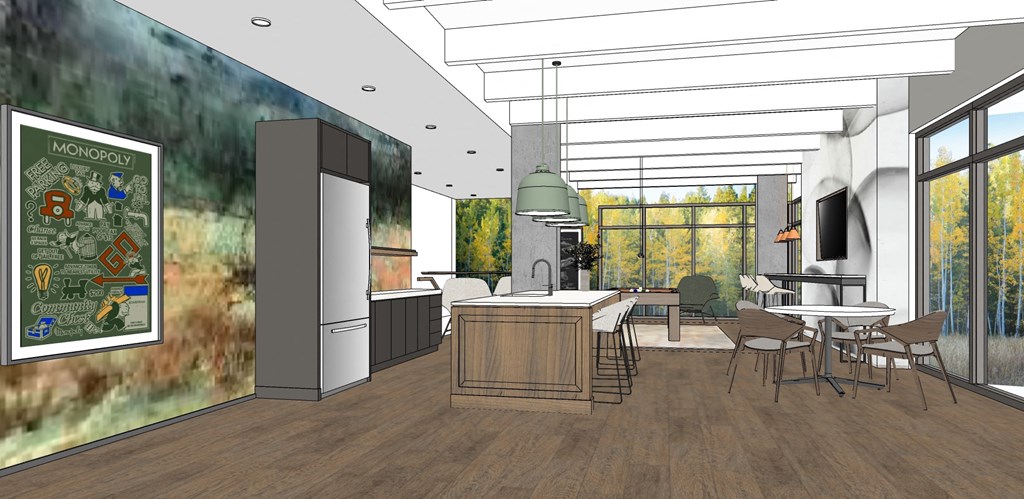 a rendering of a kitchen and living room with a table and chairs