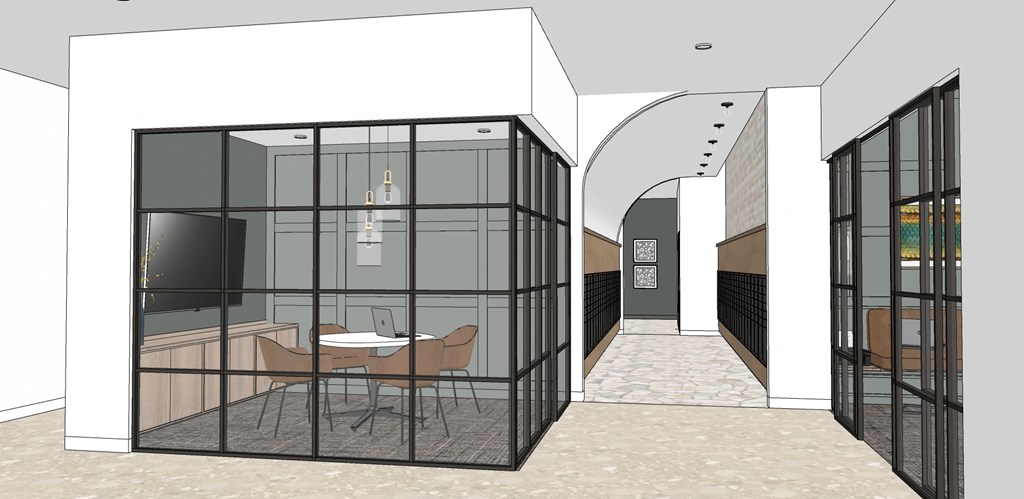 a rendering of a room with a desk and a chair