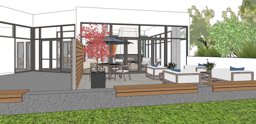 a rendering of a patio with benches and tables