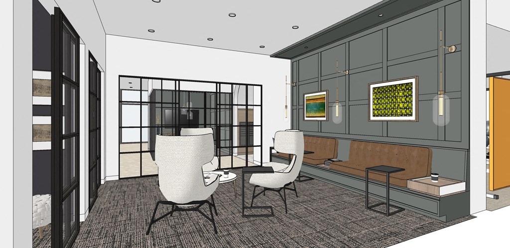 a rendering of a living room with a couch and chairs