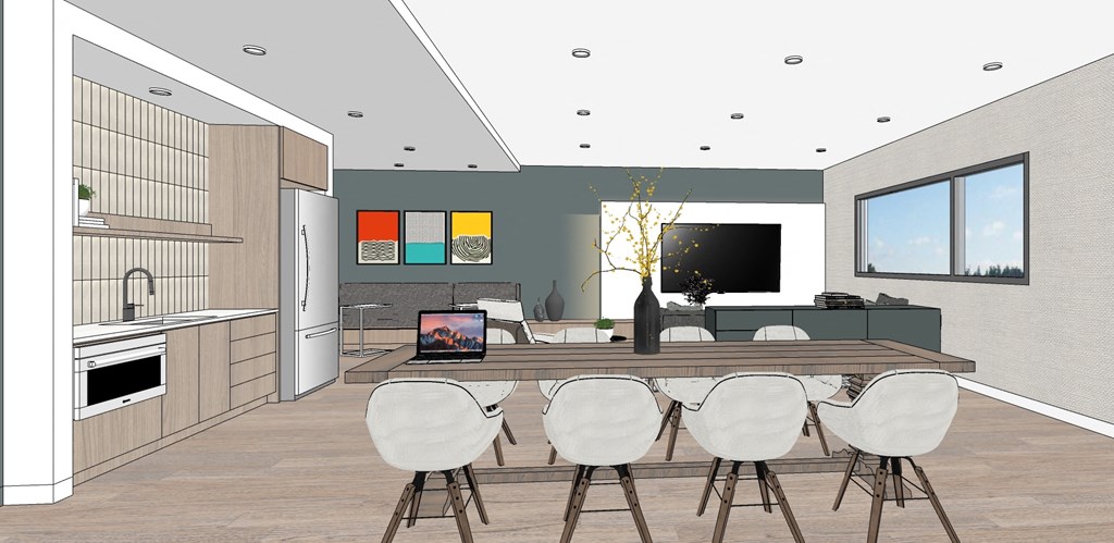 a rendering of a kitchen and dining room with a table and chairs