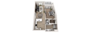 A top-down view of a modern apartment layout with a living room, dining area, kitchen, and bedrooms.