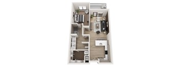 A top-down view of a modern apartment layout with labeled sections.