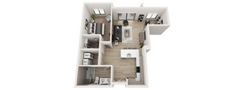 A top-down view of a modern apartment layout with a living room, kitchen, and two bedrooms.