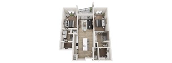 A 3D floor plan of a modern apartment layout.