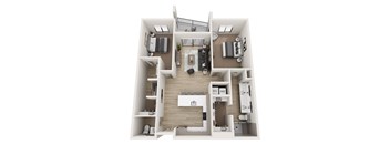 A top-down view of a modern apartment layout with a kitchen, living room, and bedrooms.
