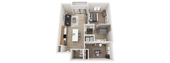 A top-down view of a modern apartment layout.