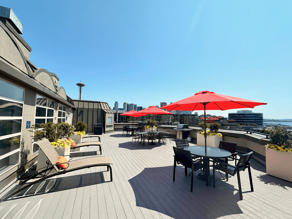 A patio with red umbrellas and chairs overlooking a city skyline.